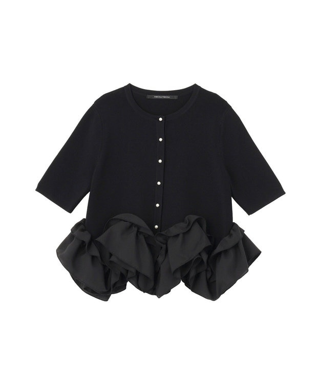 YECCA VECCA パール釦ラッフル5分袖カーディガン Off White