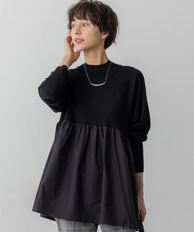 23区 L 【洗える】ギャザープルオーバー コンビ ニット ブラック系