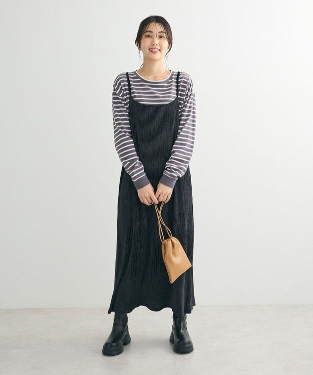 Green Parks ベロアプリーツキャミワンピース Black