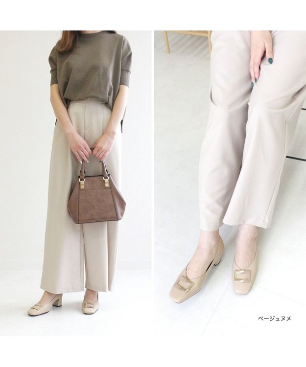 Pointer 日本製 バックルモチーフスクエアトゥパンプス ベージュ(ヌメ)