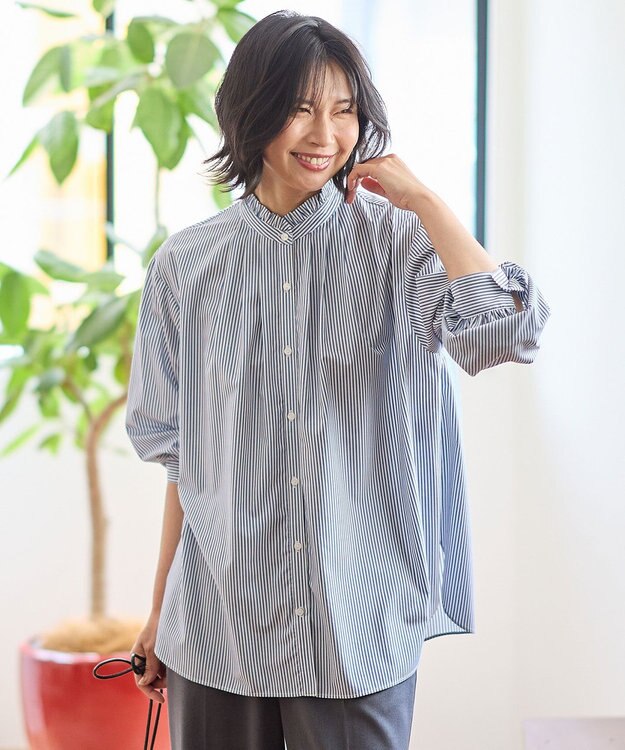 ANY スタンドネックブラウス ブルーロンスト