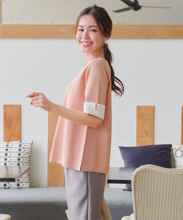 Tiaclasse L 【洗える】配色カフスニットトップス ピンク×オフホワイト