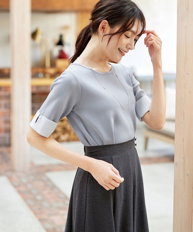 Tiaclasse L 【洗える】配色カフスニットトップス ブルー×サックス