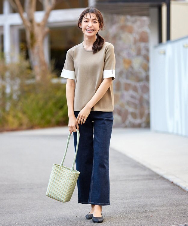 Tiaclasse L 【洗える】配色カフスニットトップス モカ×オフホワイト