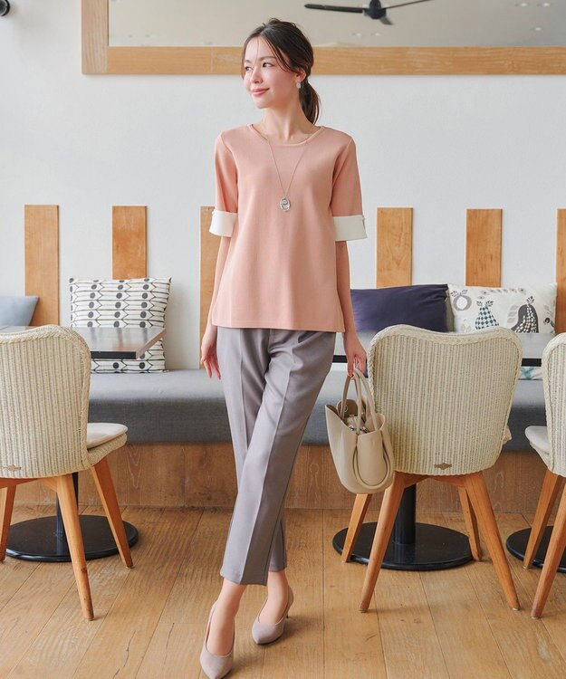 Tiaclasse L 【洗える】配色カフスニットトップス ピンク×オフホワイト