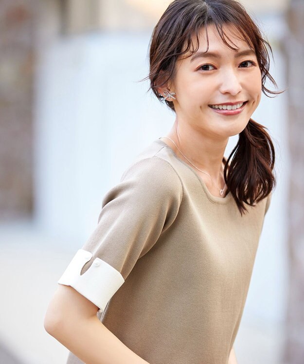 Tiaclasse L 【洗える】配色カフスニットトップス モカ×オフホワイト