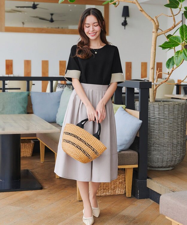 Tiaclasse L 【洗える】配色カフスニットトップス ブラック×グレージュ