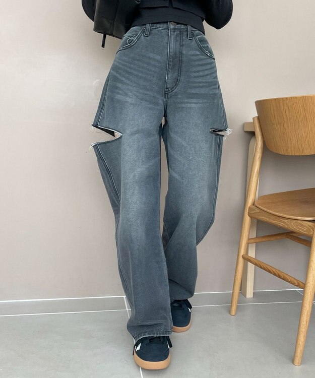 WEGO 【SMサイズ展開】サイドカットデニムストレートパンツ スミクロ