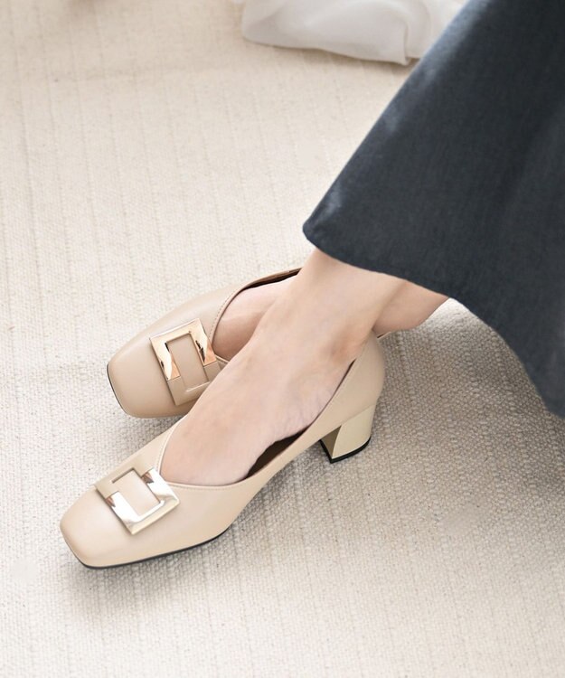 Pointer 日本製 バックルモチーフスクエアトゥパンプス ブラック