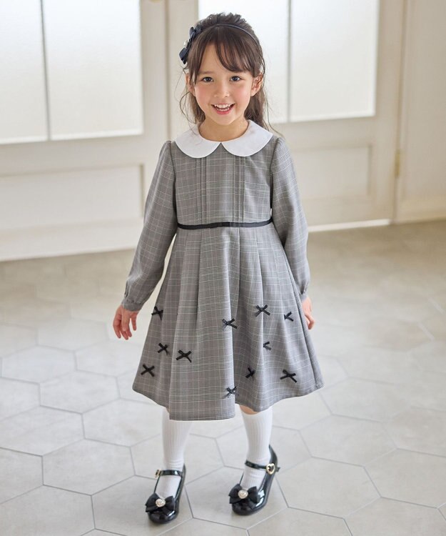 ANY KIDS 襟付き リボン 長袖ワンピース グレンチェック