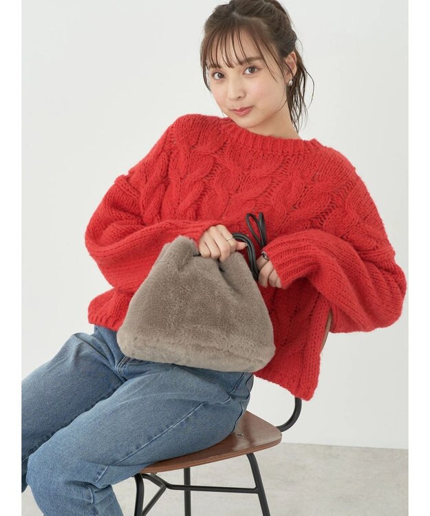 earth music&ecology ローゲージ手編み風ケーブルプルオーバー Red