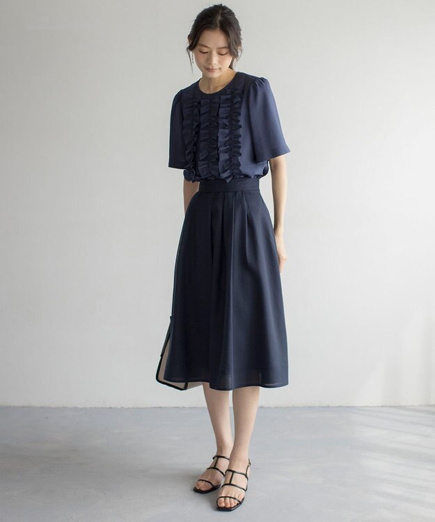 組曲 S 【WEB限定】ヴィンテージジョーゼットフリル ブラウス ネイビー系