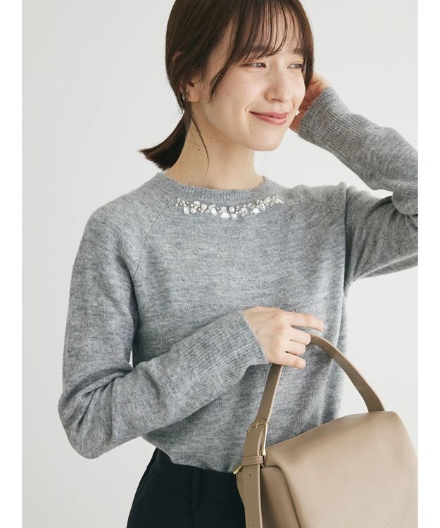 Green Parks ビジュー付きニットプルオーバー Gray Mixture