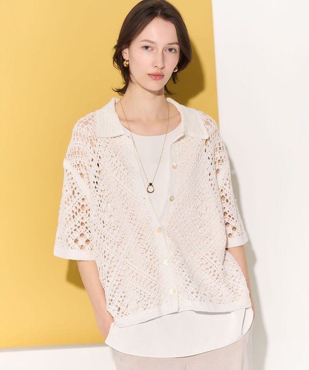 23区 エンブロイダリーレース ポロ ニット ホワイト系