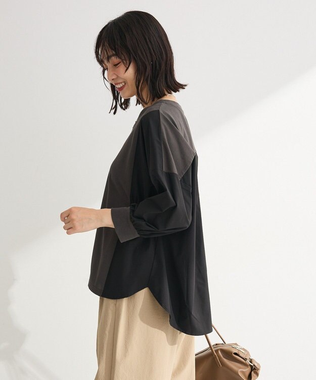 Green Parks ７分袖サイドシャーリングドッキングプルオーバ Charcoal Gray