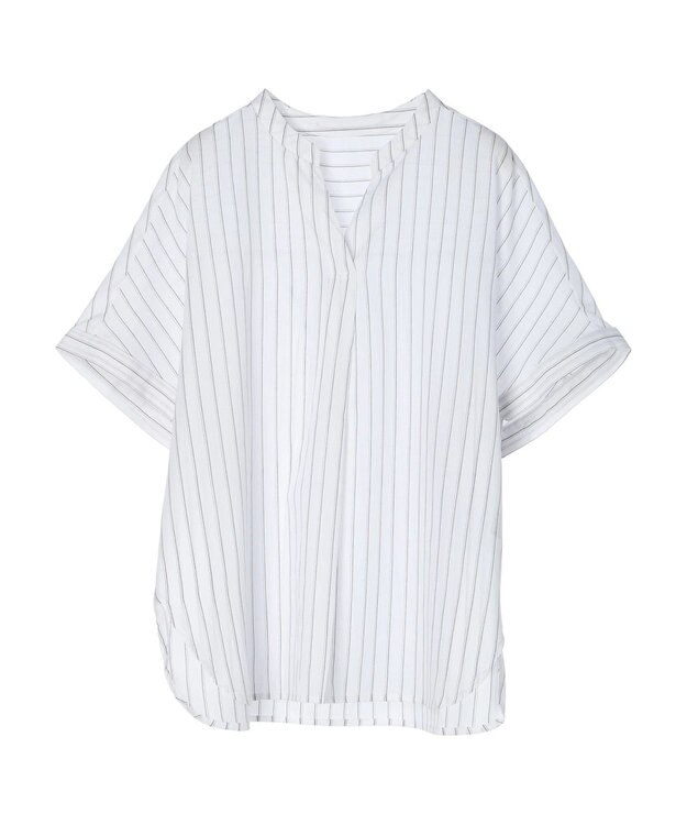 Green Parks 綿麻混フレンチスリーブスキッパーシャツ Stripe Ivory