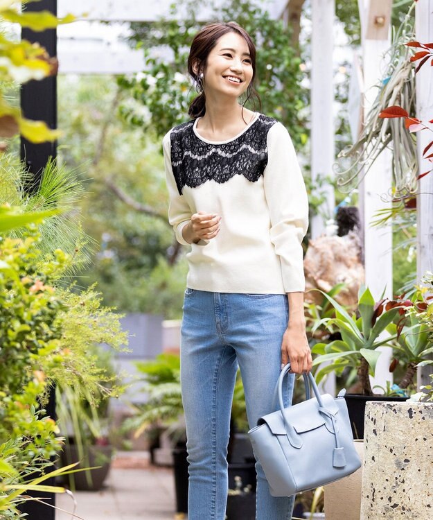 Tiaclasse L 【洗える】大人上品なスカラップレースコンビニット オフ×ブラック