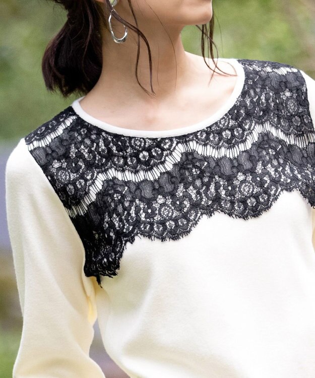 Tiaclasse L 【洗える】大人上品なスカラップレースコンビニット オフ×ブラック