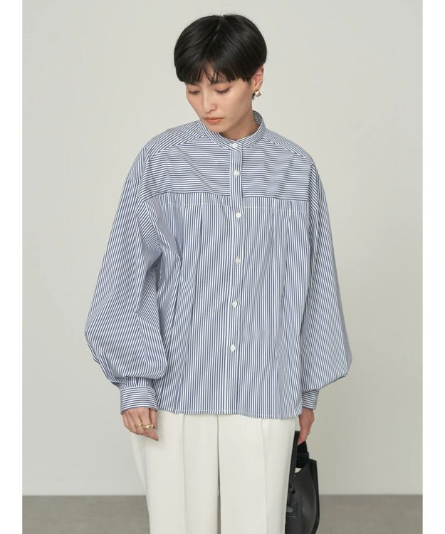 AMERICAN HOLIC イージーケア切替タックワイドシャツ Stripe Navy