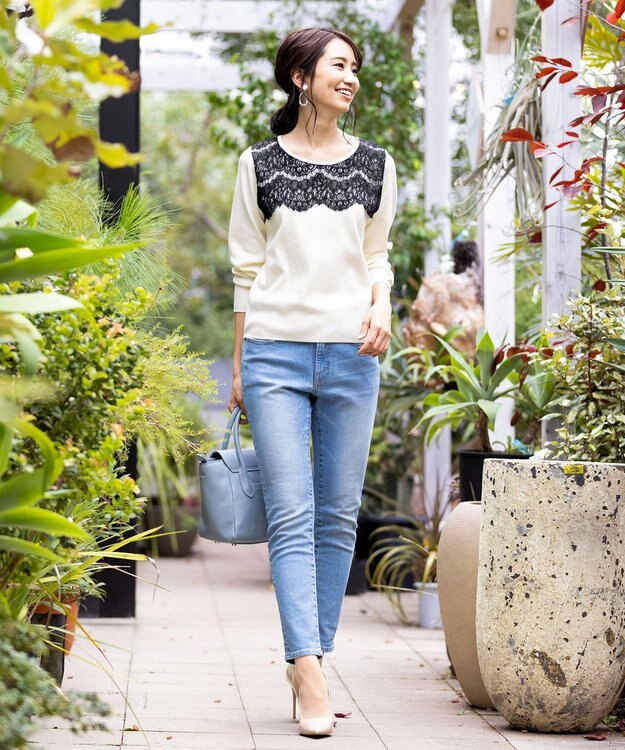 Tiaclasse L 【洗える】大人上品なスカラップレースコンビニット オフ×ブラック