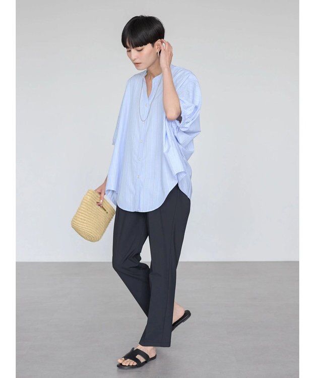 AMERICAN HOLIC 接触冷感＋ＵＶカット　ギャザースリーブブラウス Stripe Sax