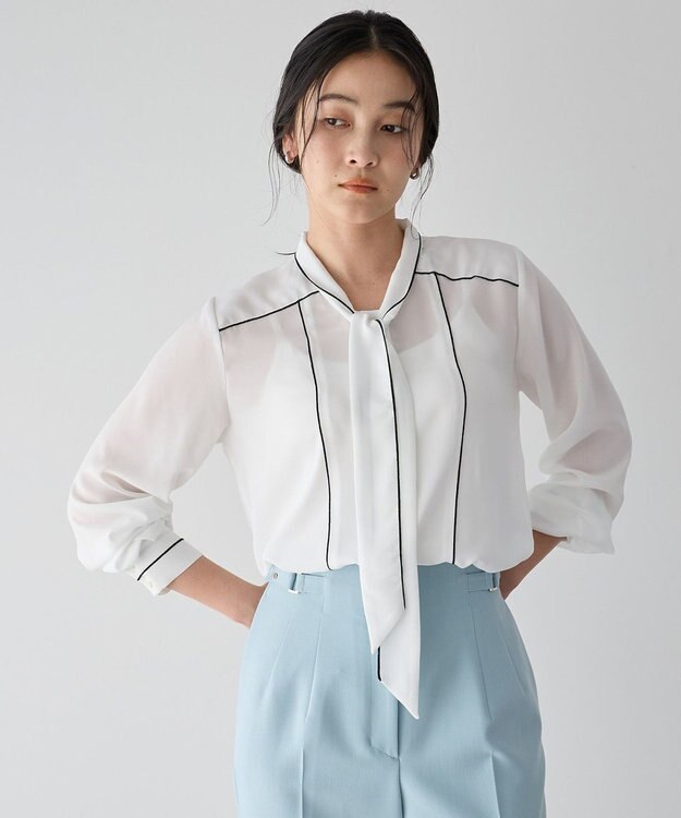 YECCA VECCA 配色ラインボウタイブラウス Off White