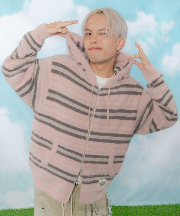 WEGO 【ユニセックス着用ITEM】シャギーボーダーニットパーカー ピンク