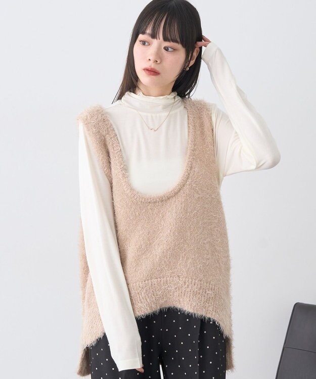 earth music&ecology フェザーUネックニットベスト Light Beige