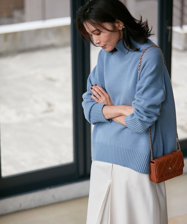 23区 L 【好評につき新色追加/CLASSY.1月号掲載】ウールカシミヤブレンド スタンドネック ニット ダルブルー系