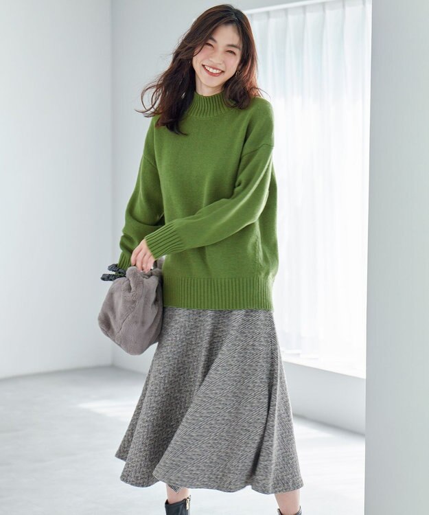 ANY 【ウエストゴム】ループツイードヘリンボーンフレアスカート グレーベース