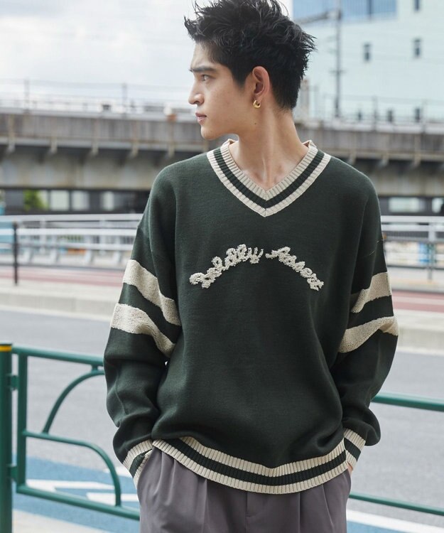 WEGO ラインチルデンニットプルオーバー ダークグリーン