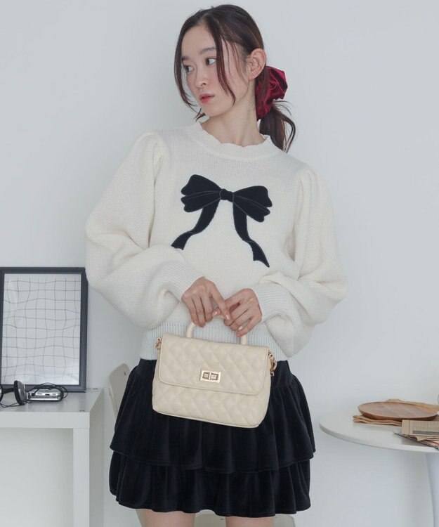 WEGO ベロアリボンアップリケタックスリーブニット ホワイトアイボリー