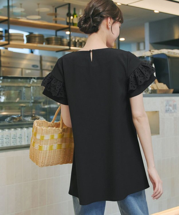 Tiaclasse L レースフレア袖チュニック ブラック