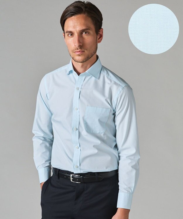 GOTAIRIKU 【形態安定】PREMIUMPLEATS_スモールワイドカラー 通年ドレスシャツ サックスブルー系