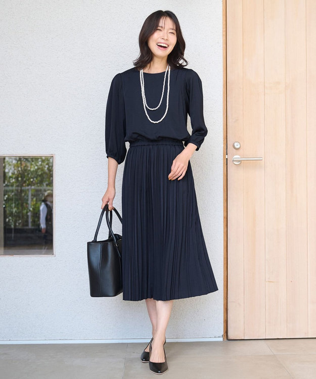 ANY 【洗える・ウエストゴム】セレモニープリーツワンピース ネイビー系