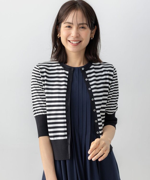 組曲 L ドライタッチ 5分袖カーディガン ブラック×オフ系1