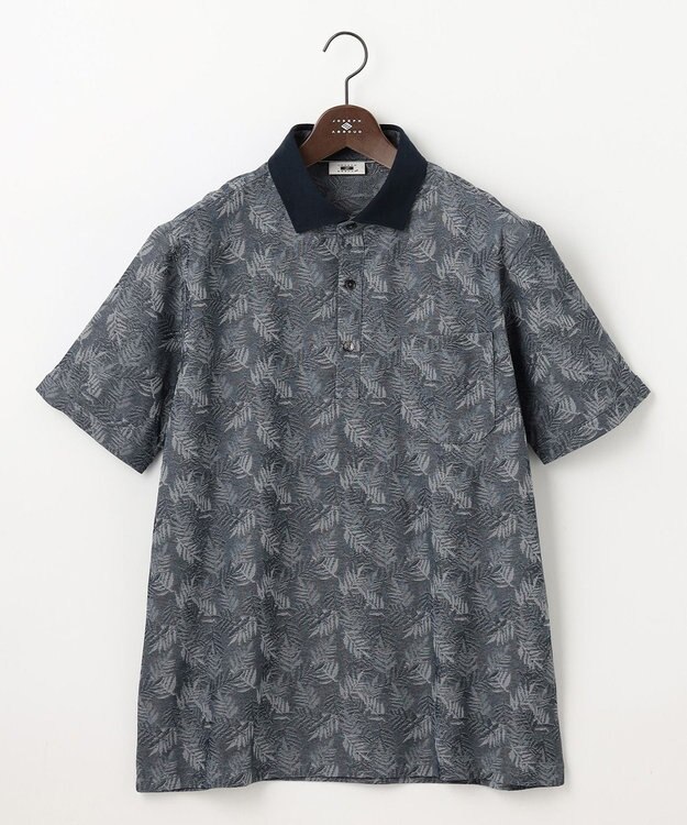 JOSEPH ABBOUD 【キングサイズ・吸水速乾】リーフ柄ジャガード 半袖 ポロシャツ ダルブルー系