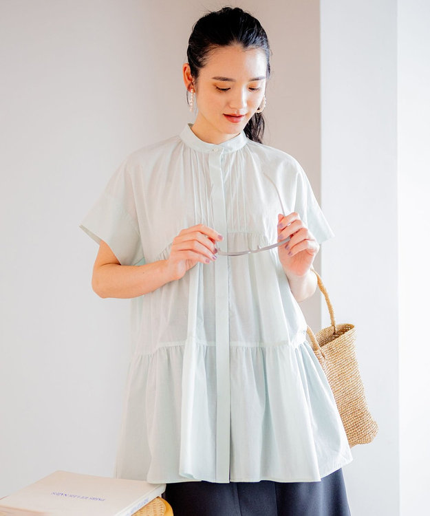 組曲 【洗える】ナチュラルローンギャザーフレア ブラウス スモーキーグリーン系