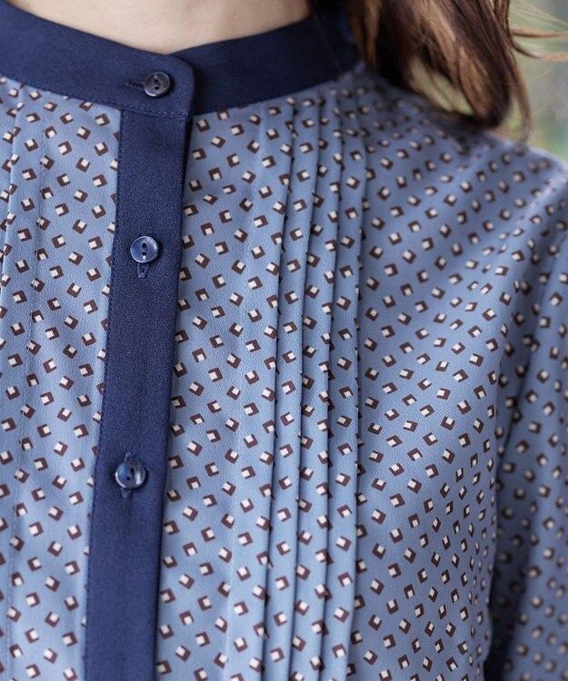 Tiaclasse 【新色追加・洗える】配色バンドカラー幾何学柄ワンピース ブルー