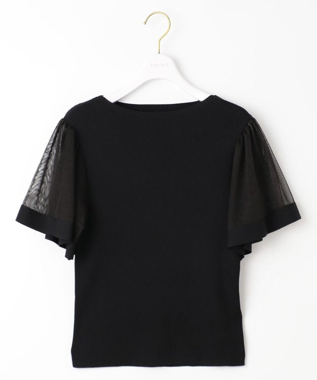 ANY SIS 【洗える】チュールスリーブ ニット ブラック