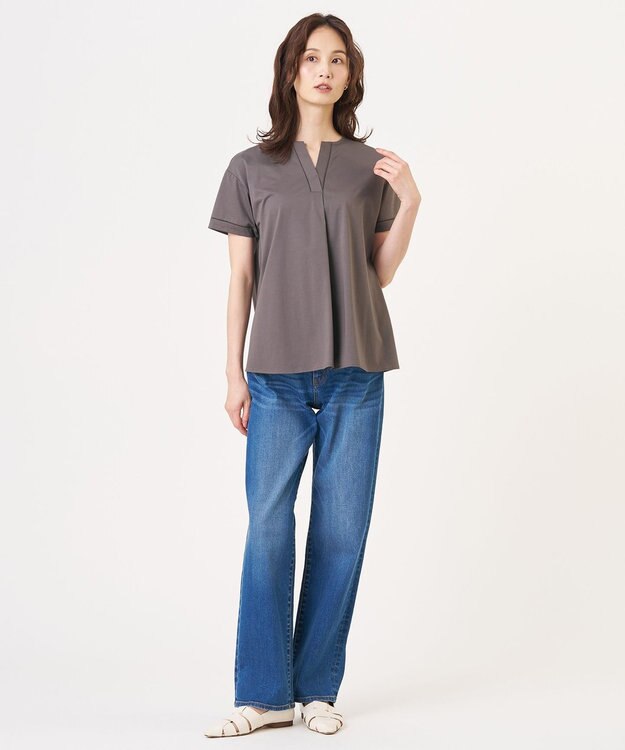 J.PRESS LADIES L プレーティングジャージー チュニック丈 カットソー スレート系