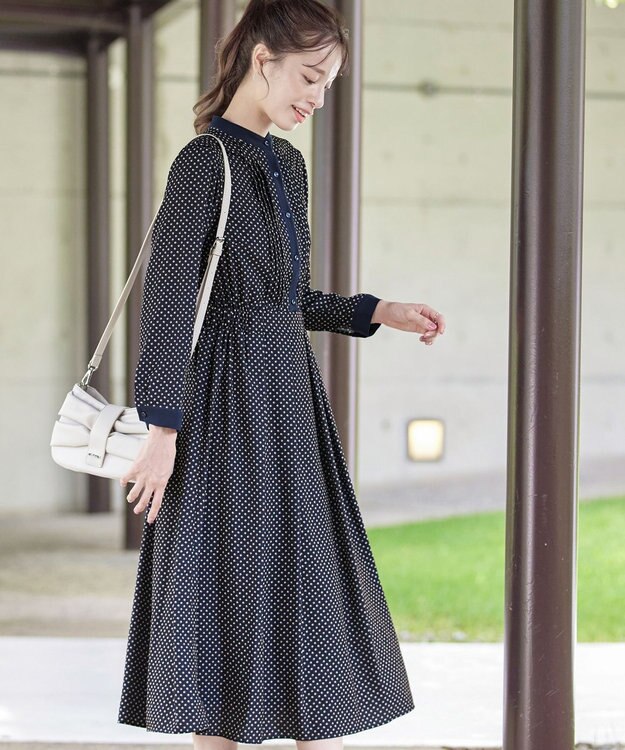 Tiaclasse 【新色追加・洗える】配色バンドカラー幾何学柄ワンピース ネイビー