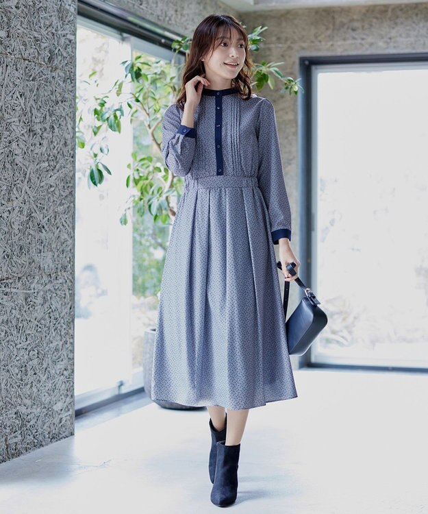 Tiaclasse 【新色追加・洗える】配色バンドカラー幾何学柄ワンピース ブルー