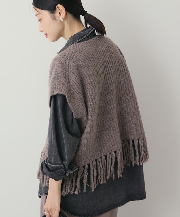 AMERICAN HOLIC 裾フリンジニットショートベスト Gray Beige