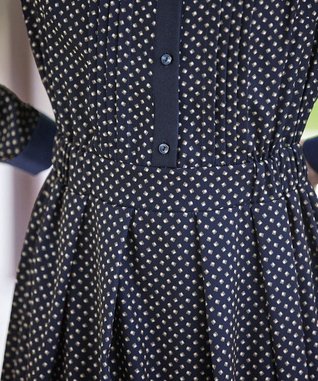 Tiaclasse 【新色追加・洗える】配色バンドカラー幾何学柄ワンピース ネイビー