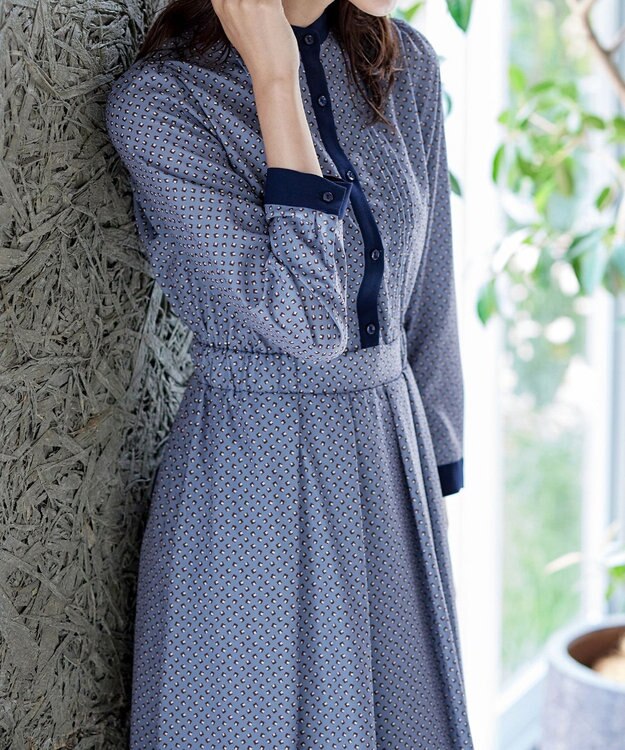 Tiaclasse 【新色追加・洗える】配色バンドカラー幾何学柄ワンピース ブルー