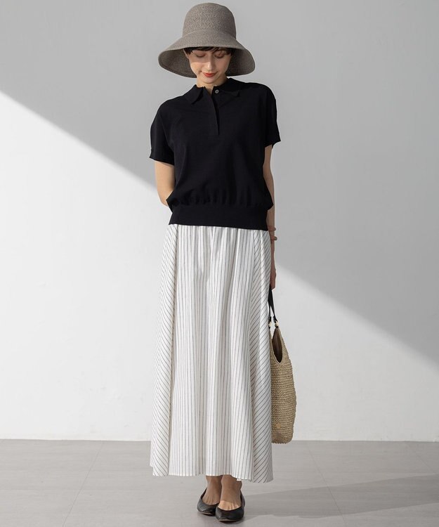 23区 L 【洗える】レーヨンポリエステルストレッチ フレンチスリーブ ポロニット ブラック系