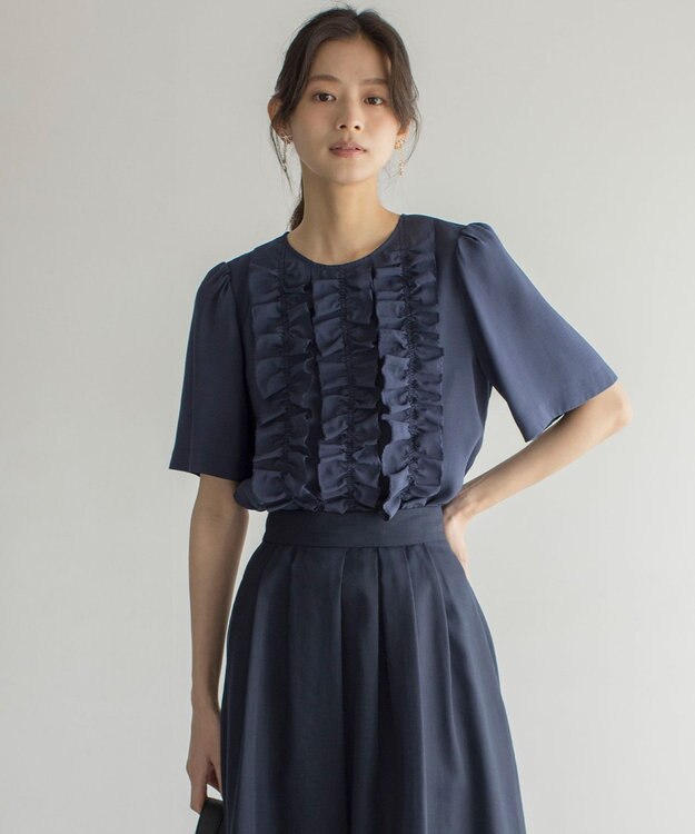 組曲 S 【WEB限定】ヴィンテージジョーゼットフリル ブラウス ネイビー系