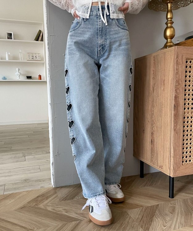 WEGO 【MLサイズ展開】ハートサイドラインストレートパンツ デニム淡色