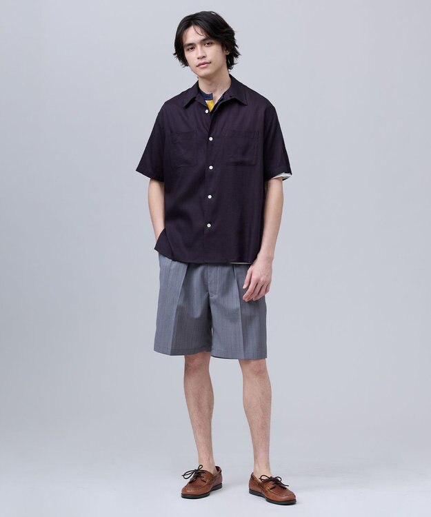 J.PRESS MEN 【J.PRESS ORIGINALS】Rayon Linen Oxford Open Half Sleeve Shirt / Baggy-Fit ネイビー系